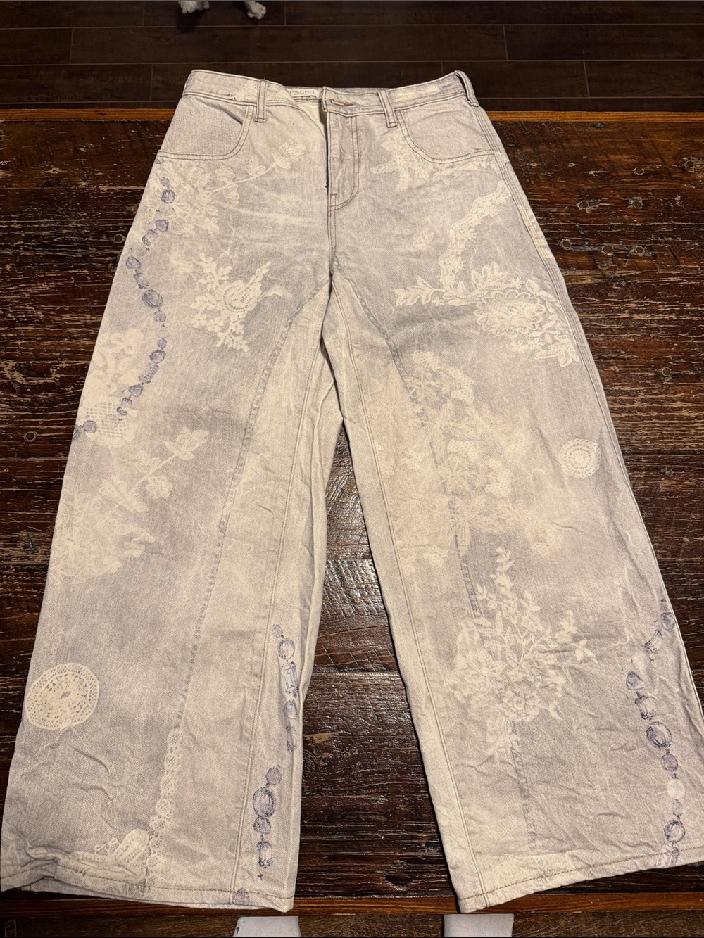 Pilcro Pale Gray Floral Wide-Leg Jeans with Subtle Print